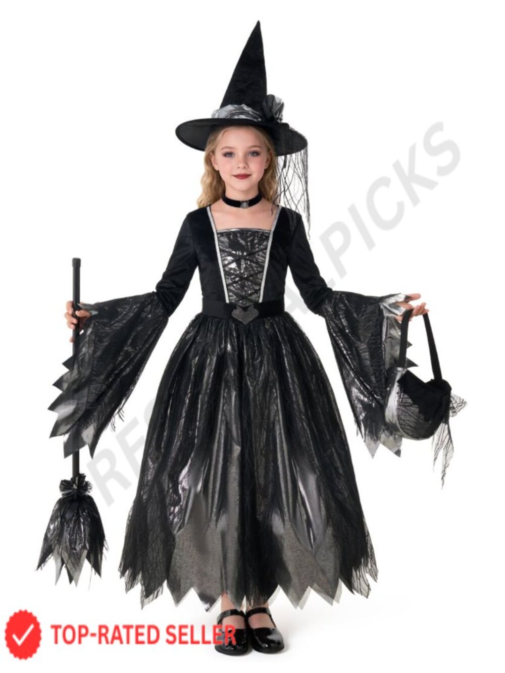 Girls Witch Costume Set 6 Pc Dress Hat Broom Bag Belt Choker Halloween - Picture 6 of 6